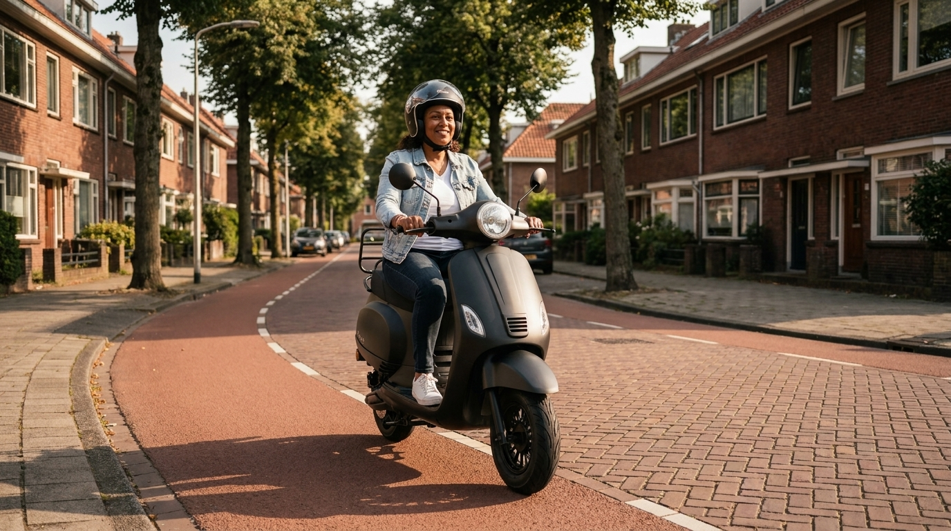 Peugeot scooter kopen in 2026 - vrouw rijdt op matzwarte retro elektrische scooter in Nederlandse woonstraat