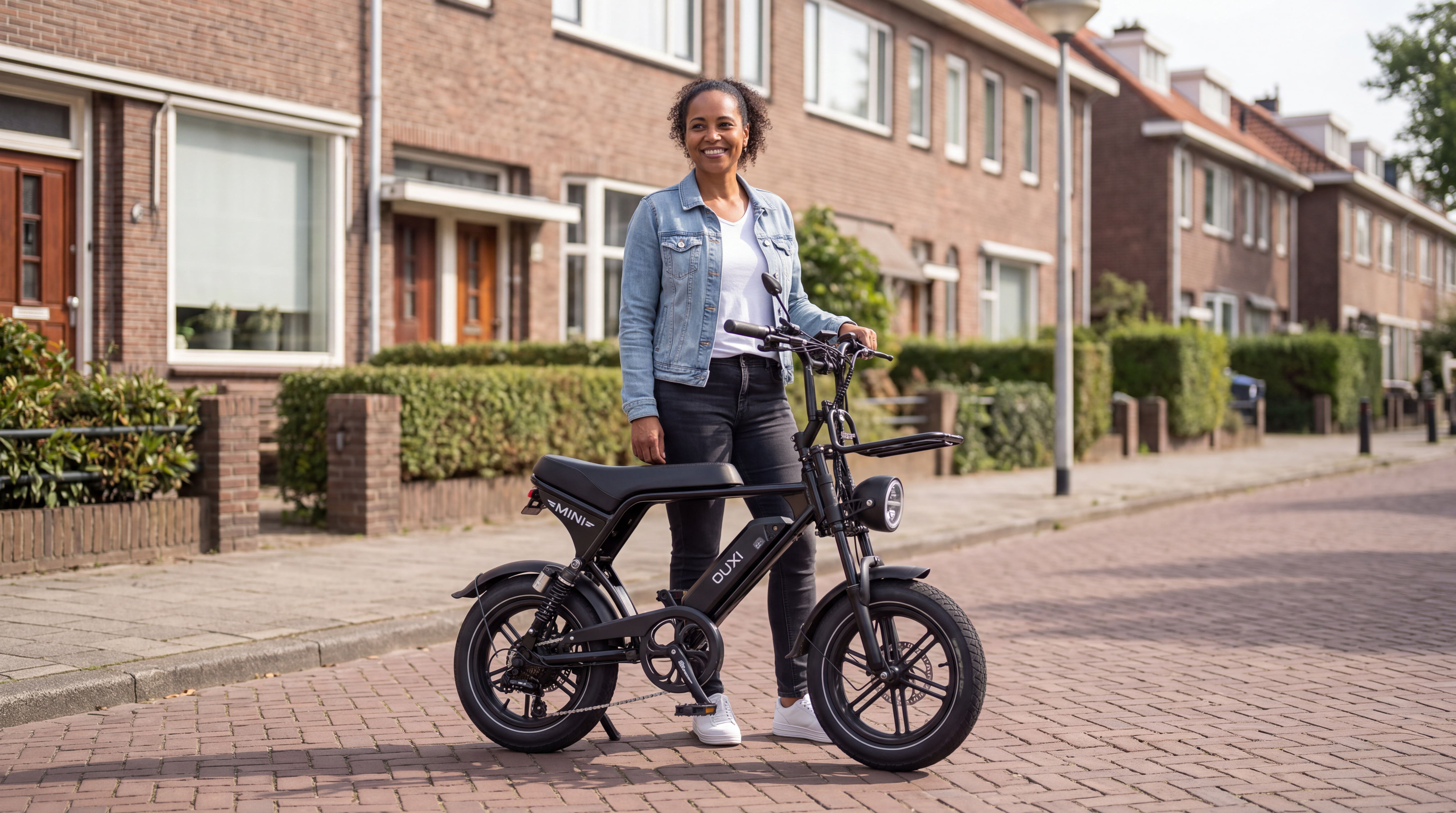 Mini fatbike kopen in 2026 - vrouw met zwarte mini fatbike in een Rotterdamse woonstraat