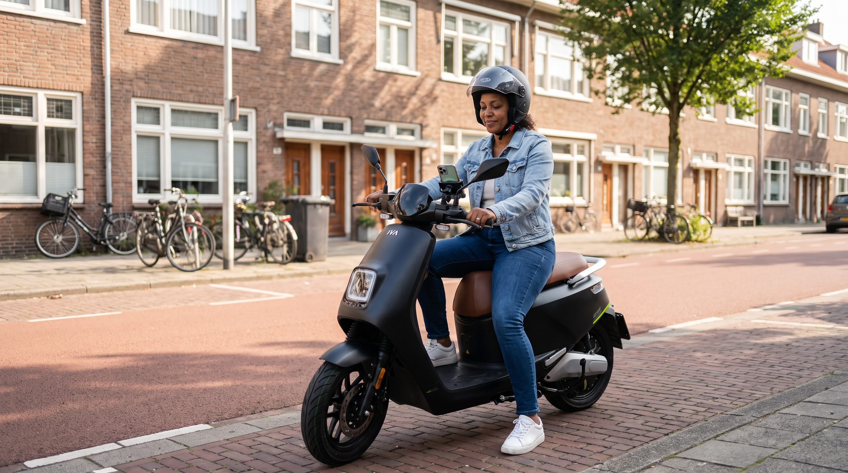 Telefoonhouder scooter: vrouw op zwarte IVA-scooter met telefoon in stuurhouder in een Rotterdamse straat