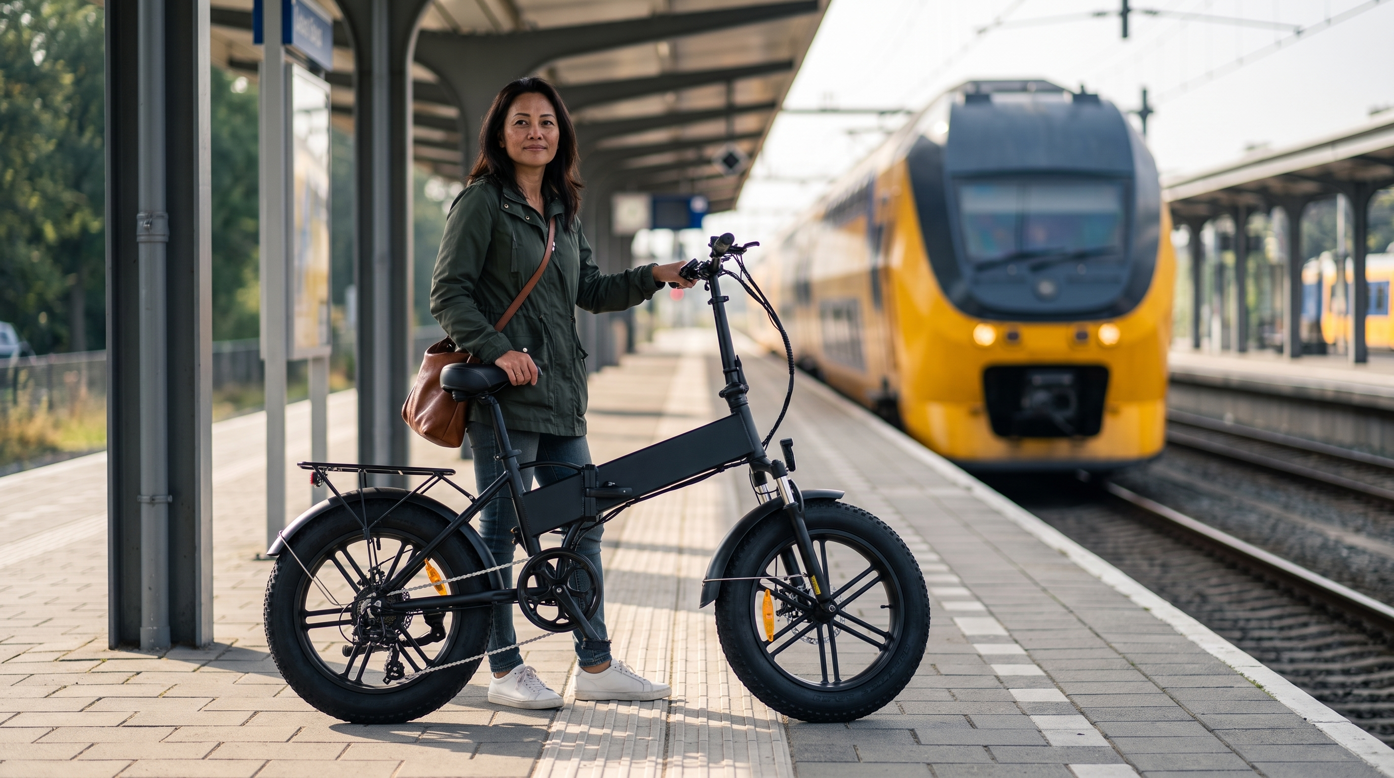 Elektrische vouwfiets kopen: vrouw met opvouwbare e-bike op een Nederlands treinstationperron