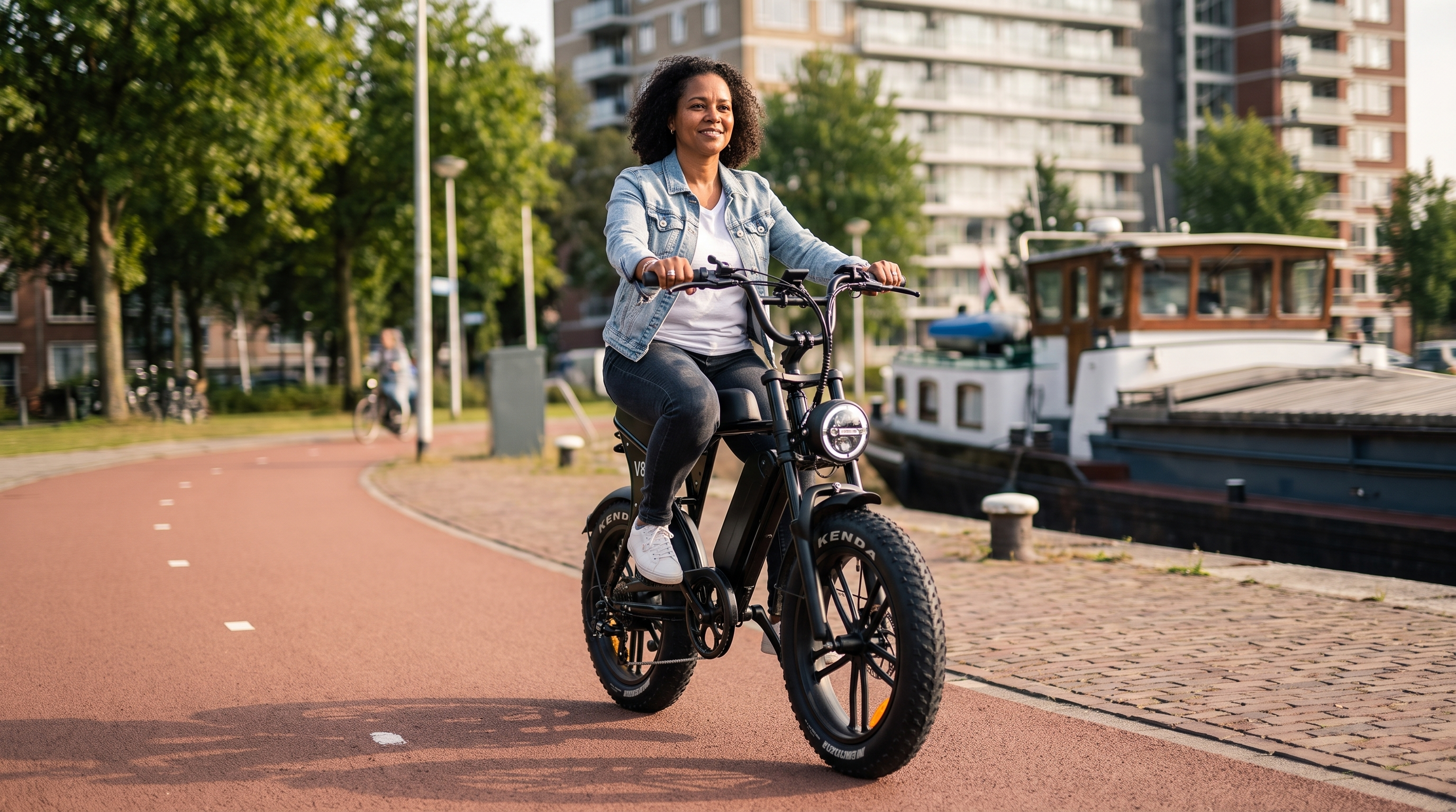 Beste fatbike 2026 - vrouw rijdt op zwarte elektrische fatbike over een Rotterdams fietspad langs het water
