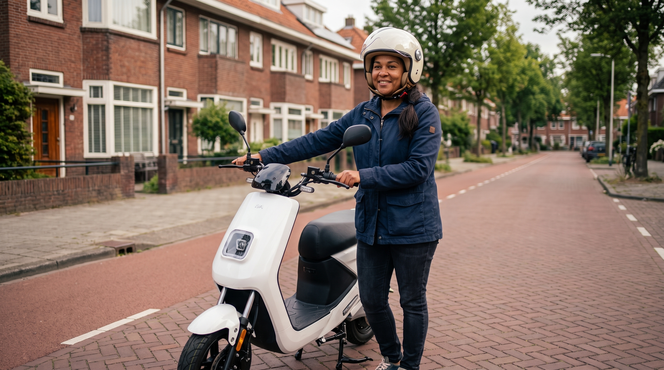 Vrouw met witte jethelm naast een witte IVA E-GO S4 scooter in een Nederlandse straat - scooter helm dames