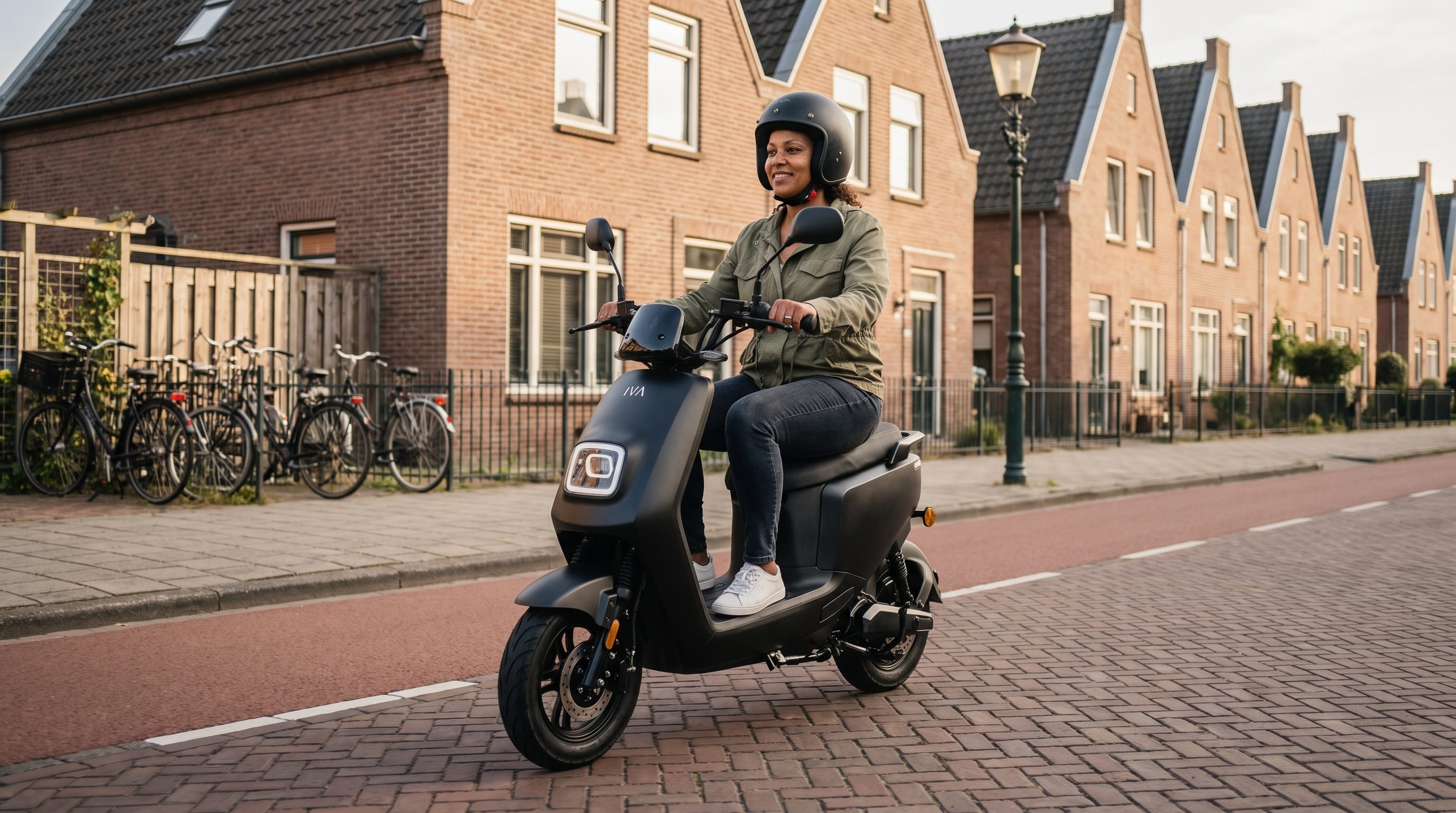 Alternatief voor een brommobiel: vrouw rijdt op een matzwarte elektrische scooter in een Nederlandse woonstraat