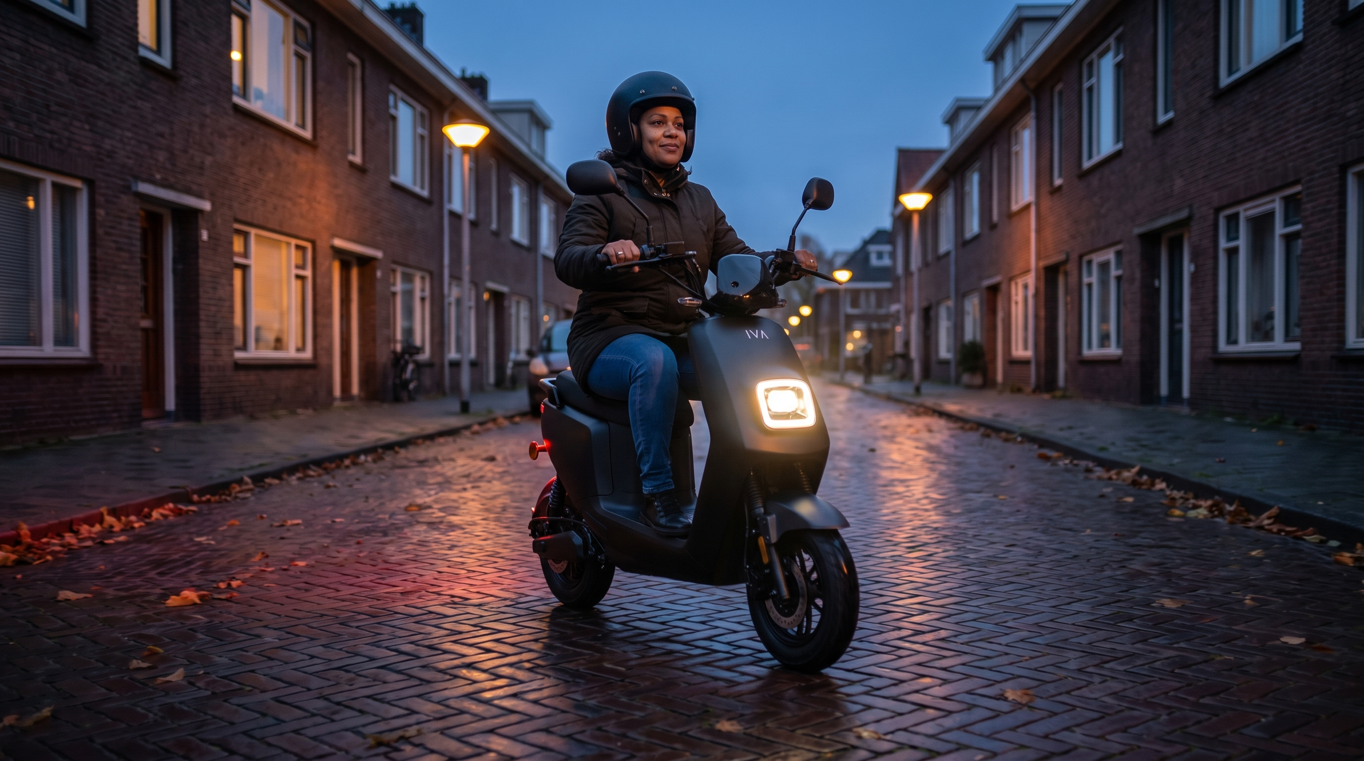 Scooter verlichting: brandende koplamp in de schemer op een Rotterdamse klinkerstraat