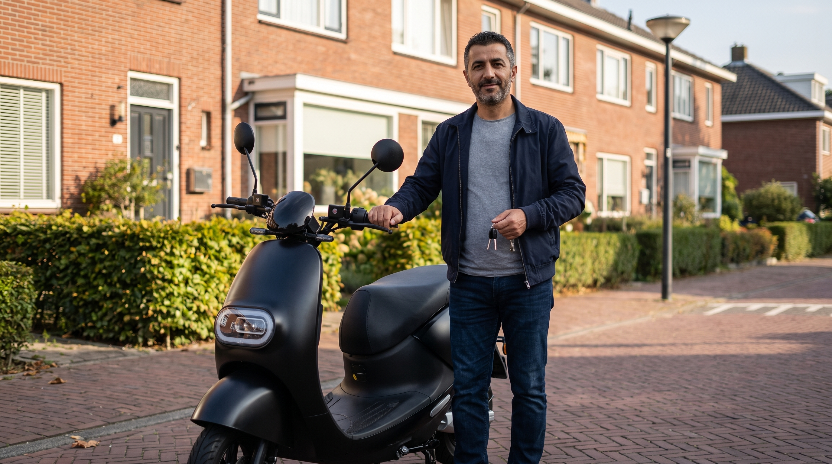 Scooter inruilen: man met zijn nieuwe elektrische scooter in een Nederlandse straat