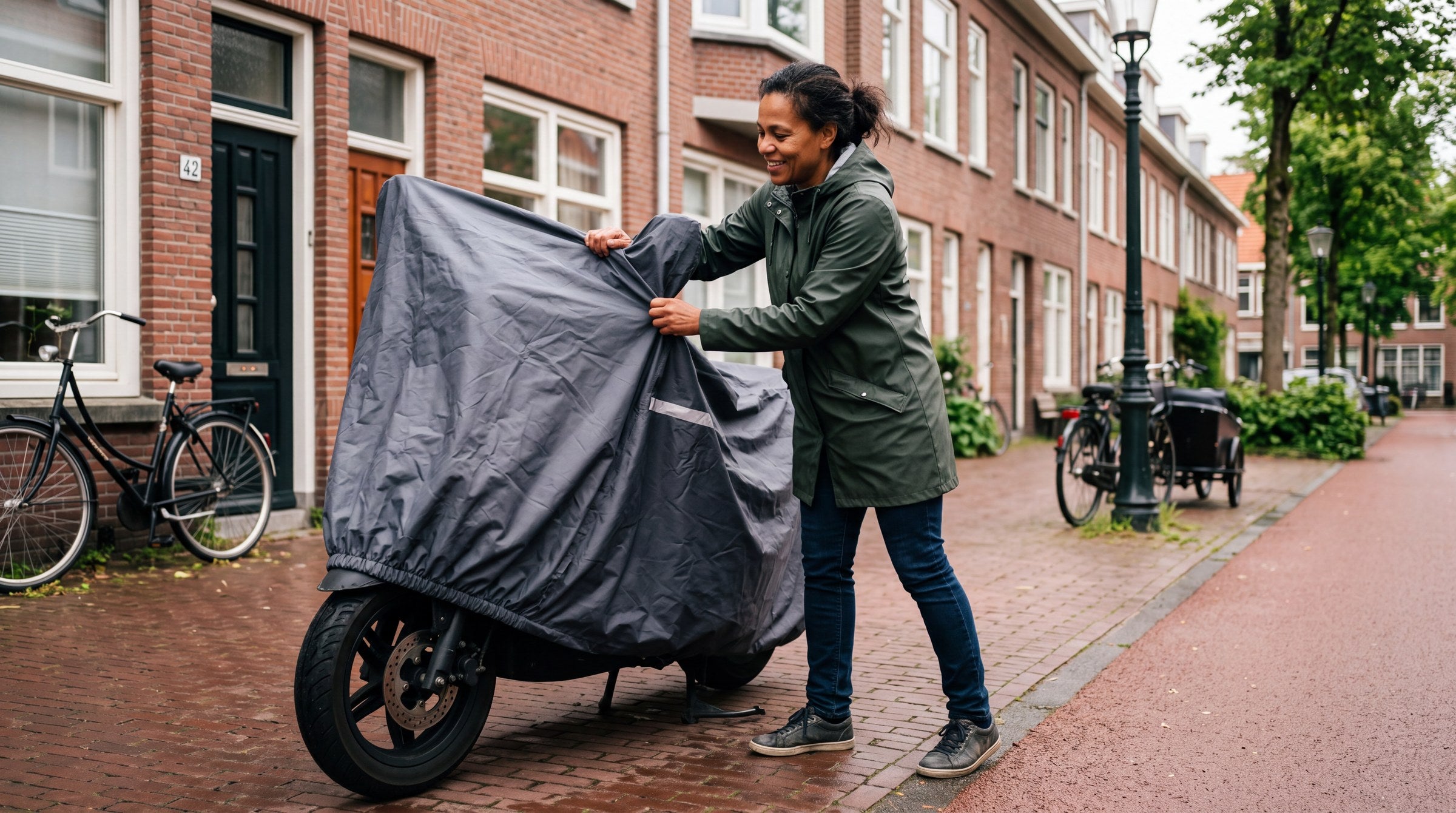 Scooterhoes kiezen: vrouw trekt een waterdichte grijze scooterhoes over haar scooter in een Rotterdamse straat